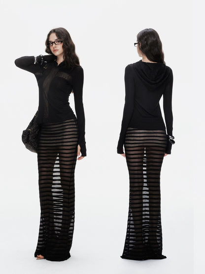 innerflow Striped Sheer U Neck Camisole Pencil Skirt Women&