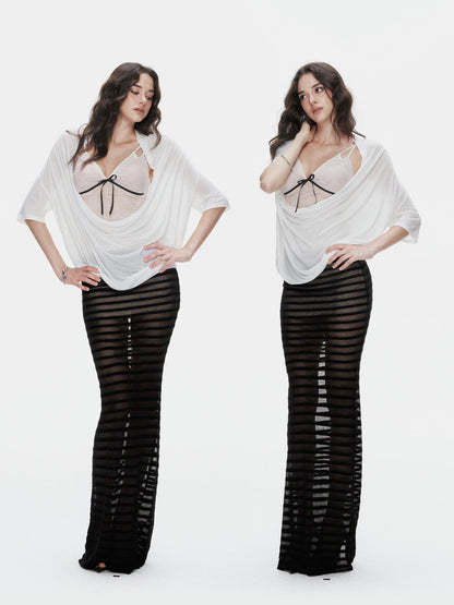 innerflow Striped Sheer U Neck Camisole Pencil Skirt Women&
