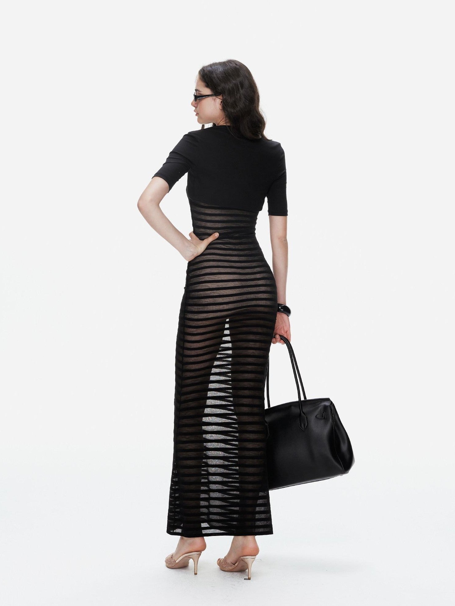 innerflow Striped Sheer U Neck Camisole Pencil Skirt Women&