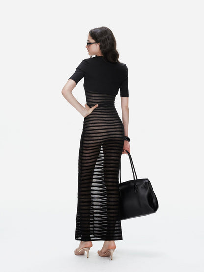innerflow Striped Sheer U Neck Camisole Pencil Skirt Women&