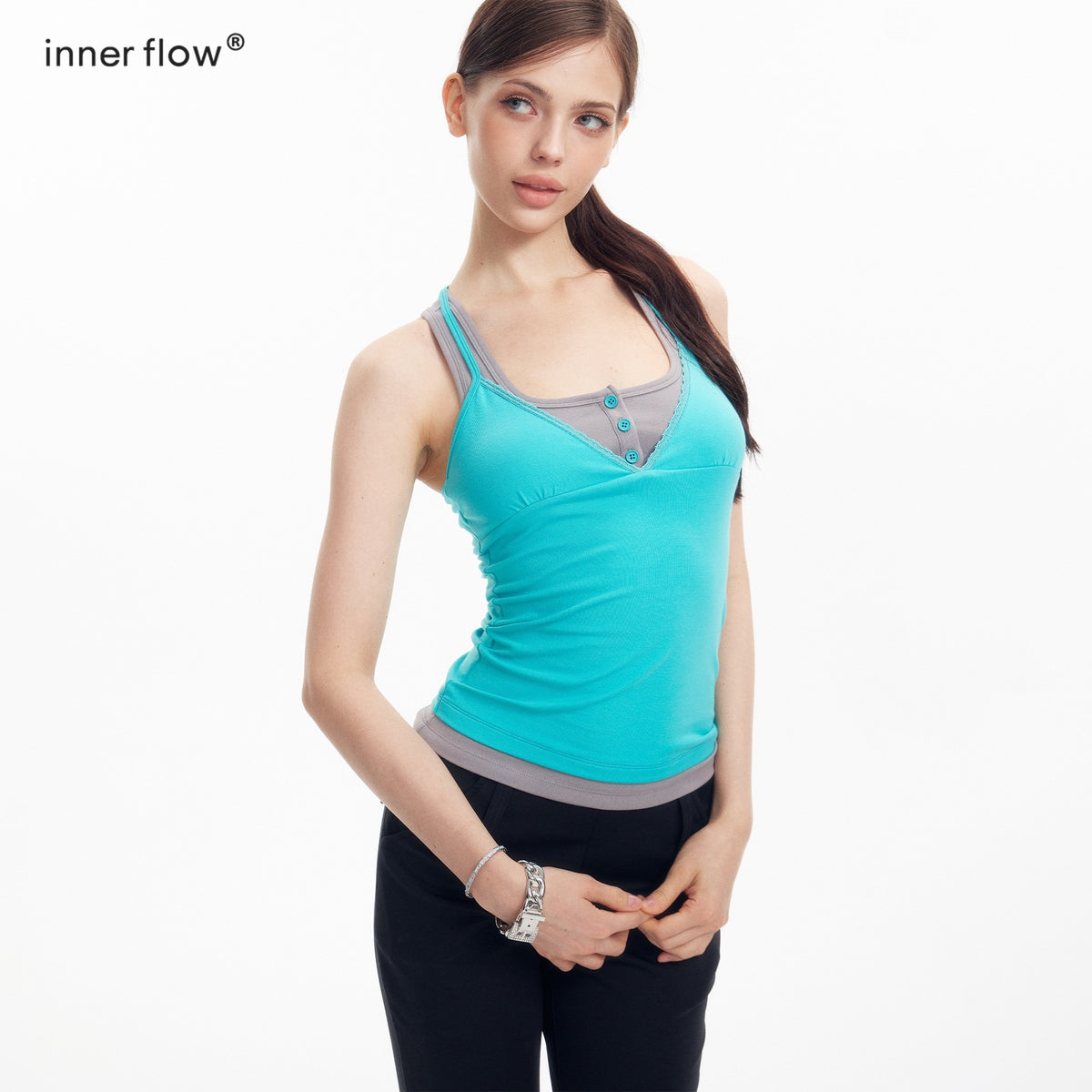 innerflow_Teal_Contrast_Crisscross_Back_Faux_Two_Piece_V-neck_Women&