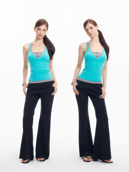 innerflow Teal Contrast Crisscross Back Faux Two Piece V-neck Women&