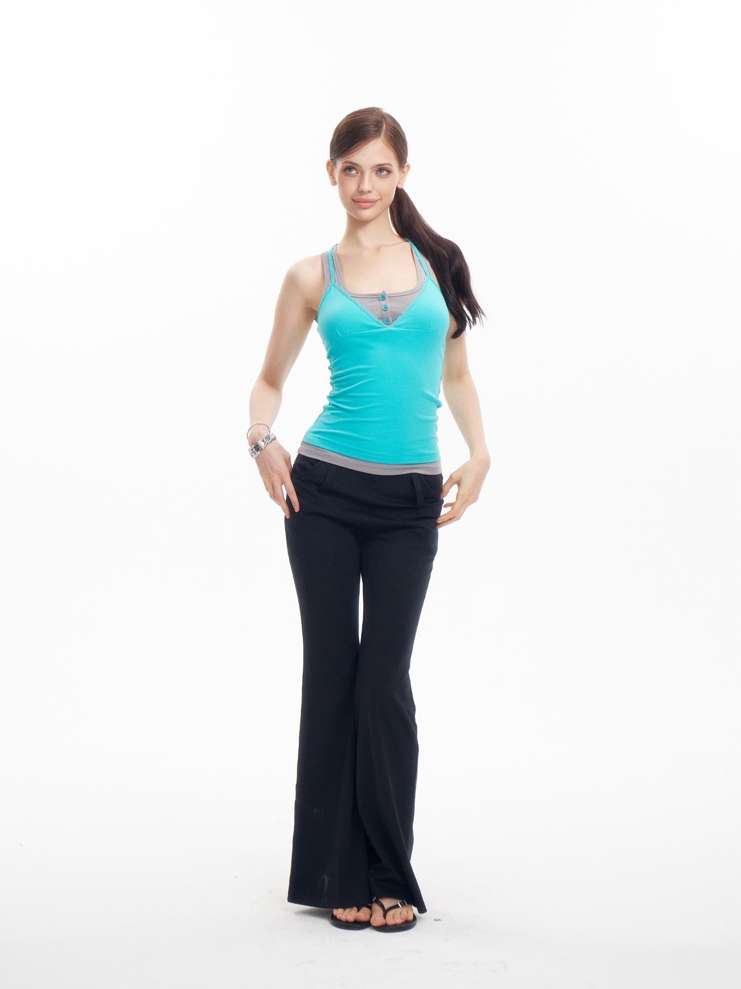 innerflow Teal Contrast Crisscross Back Faux Two Piece V-neck Women&