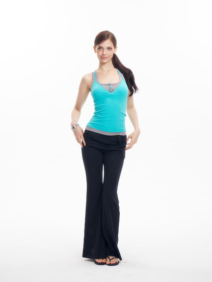 innerflow Teal Contrast Crisscross Back Faux Two Piece V-neck Women&