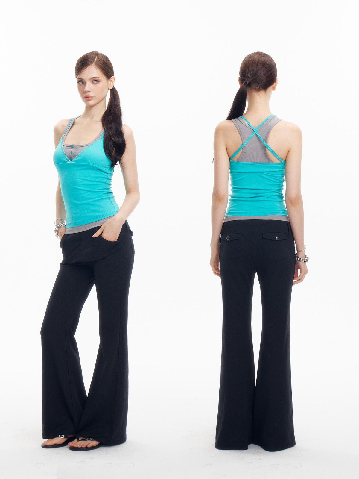 innerflow Teal Contrast Crisscross Back Faux Two Piece V-neck Women&