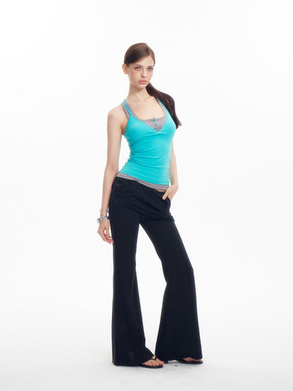 innerflow Teal Contrast Crisscross Back Faux Two Piece V-neck Women&