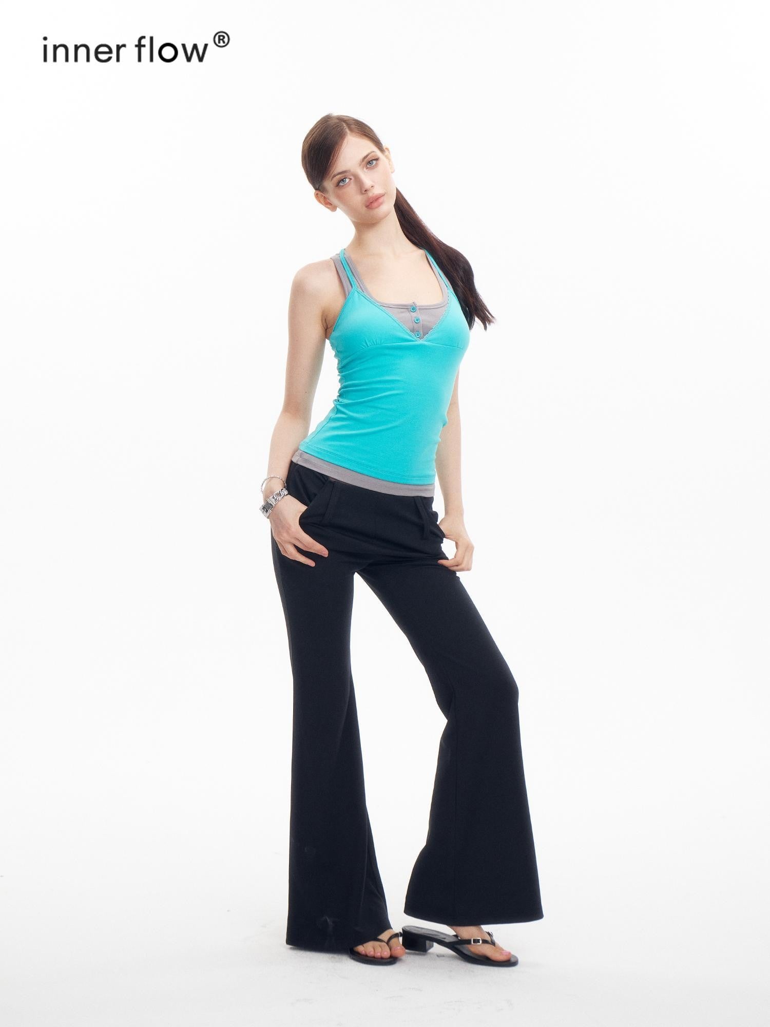 innerflow Teal Contrast Crisscross Back Faux Two Piece V-neck Women&