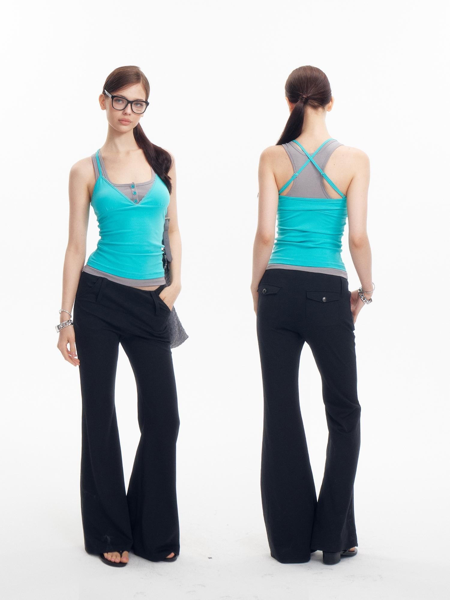 innerflow Teal Contrast Crisscross Back Faux Two Piece V-neck Women&