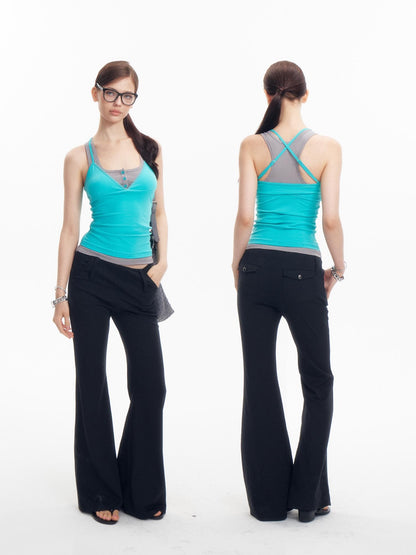 innerflow Teal Contrast Crisscross Back Faux Two Piece V-neck Women&