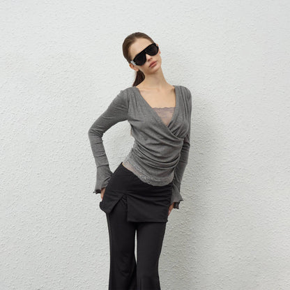innerflow_Three_Color_Lace_Patchwork_V-neck_Loose_Fit_Women&