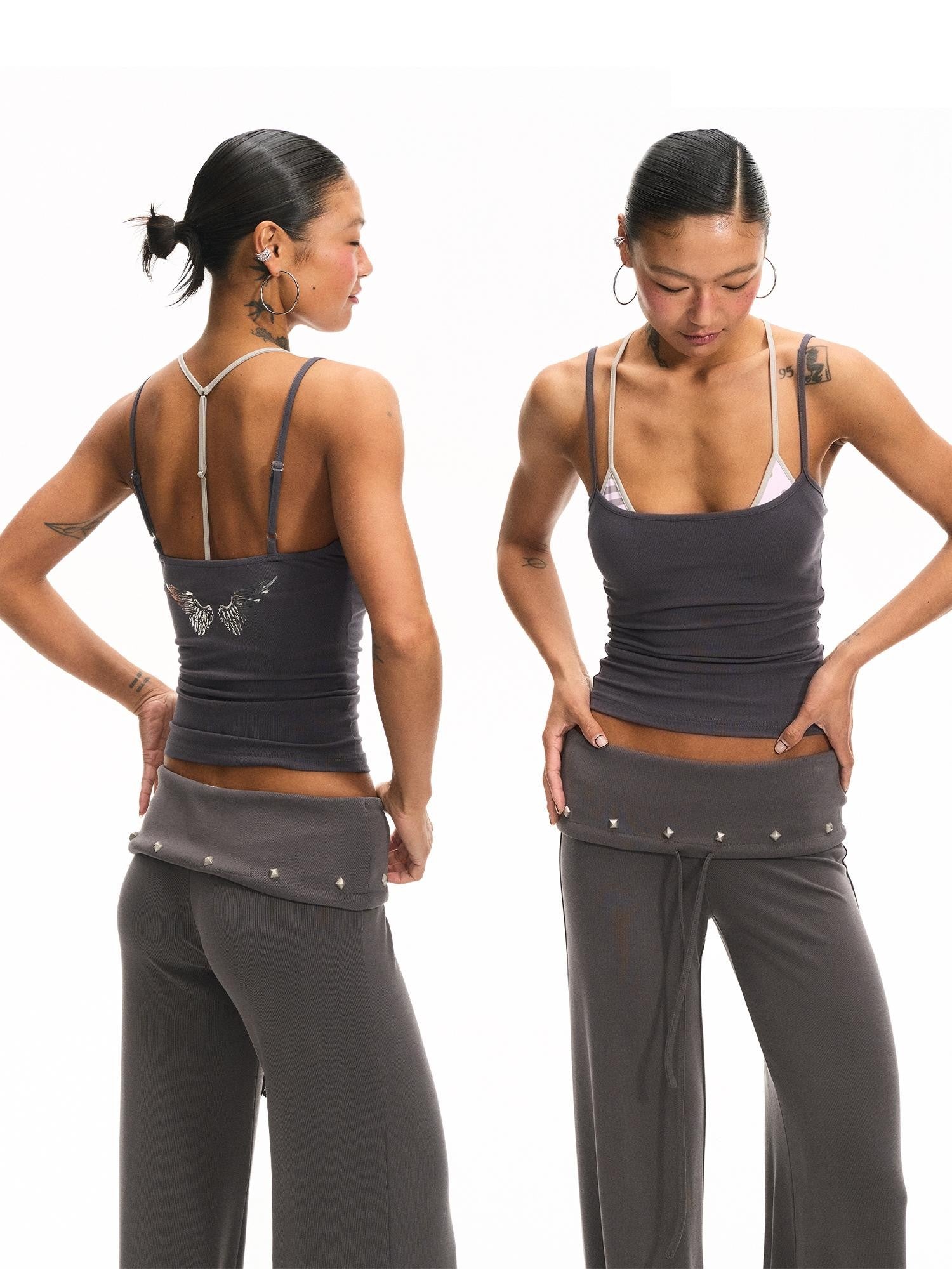 innerflow Tricolor Silver Foil Wing Square Neck Open Back Women&
