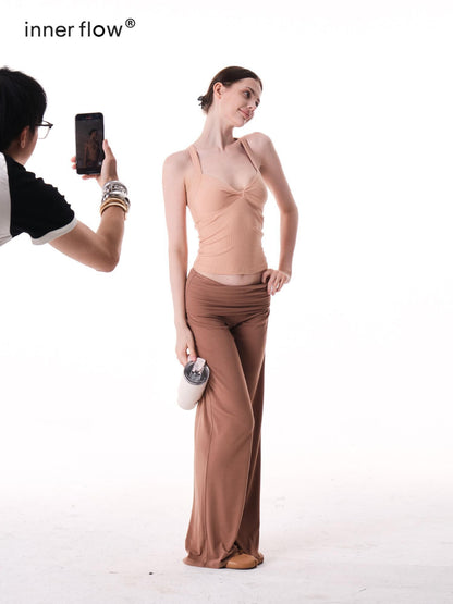 innerflow Two Tone Cuff Solid Drapey Straight Natural Waist Women&