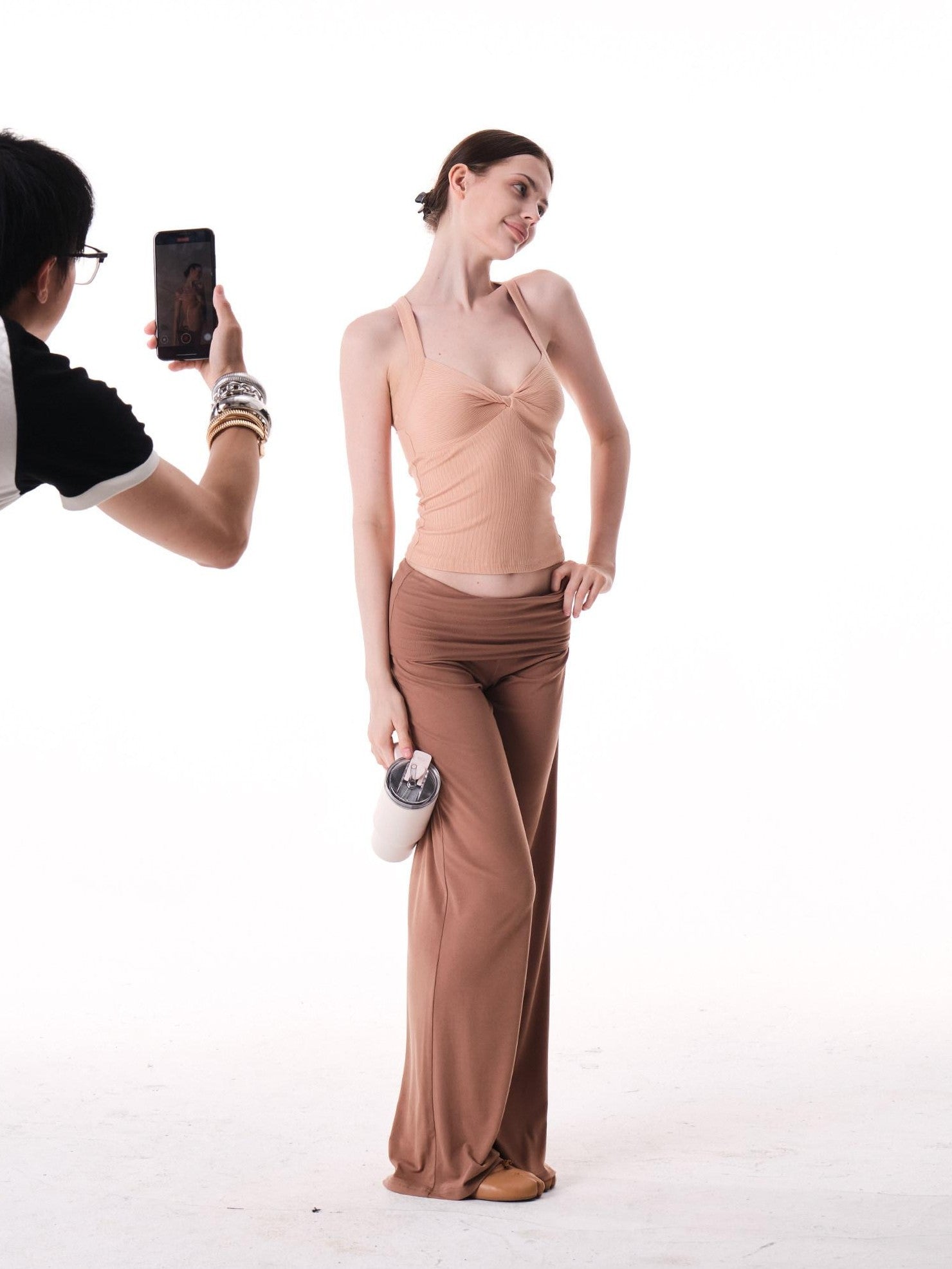 innerflow Two Tone Cuff Solid Drapey Straight Natural Waist Women&