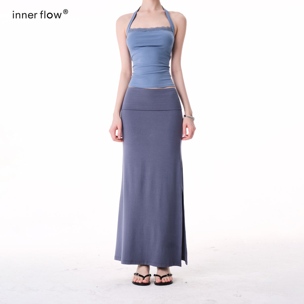 innerflow_Two_Tone_Rolled_Hem_Side_Slit_Drapey_Slim_Fit_Women&