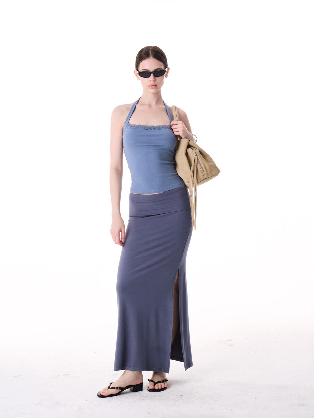 innerflow Two Tone Rolled Hem Side Slit Drapey Slim Fit Women&