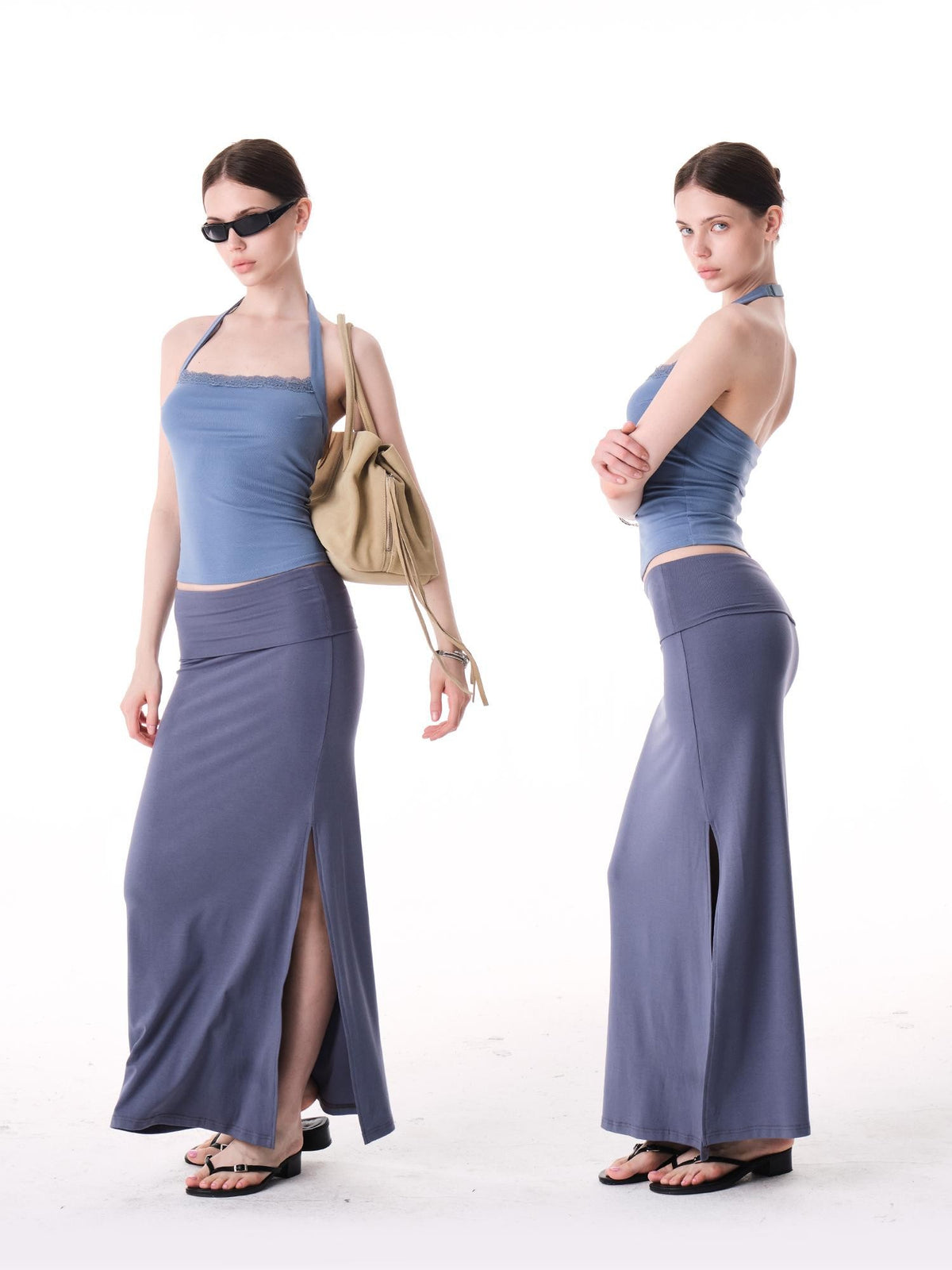 innerflow Two Tone Rolled Hem Side Slit Drapey Slim Fit Women&