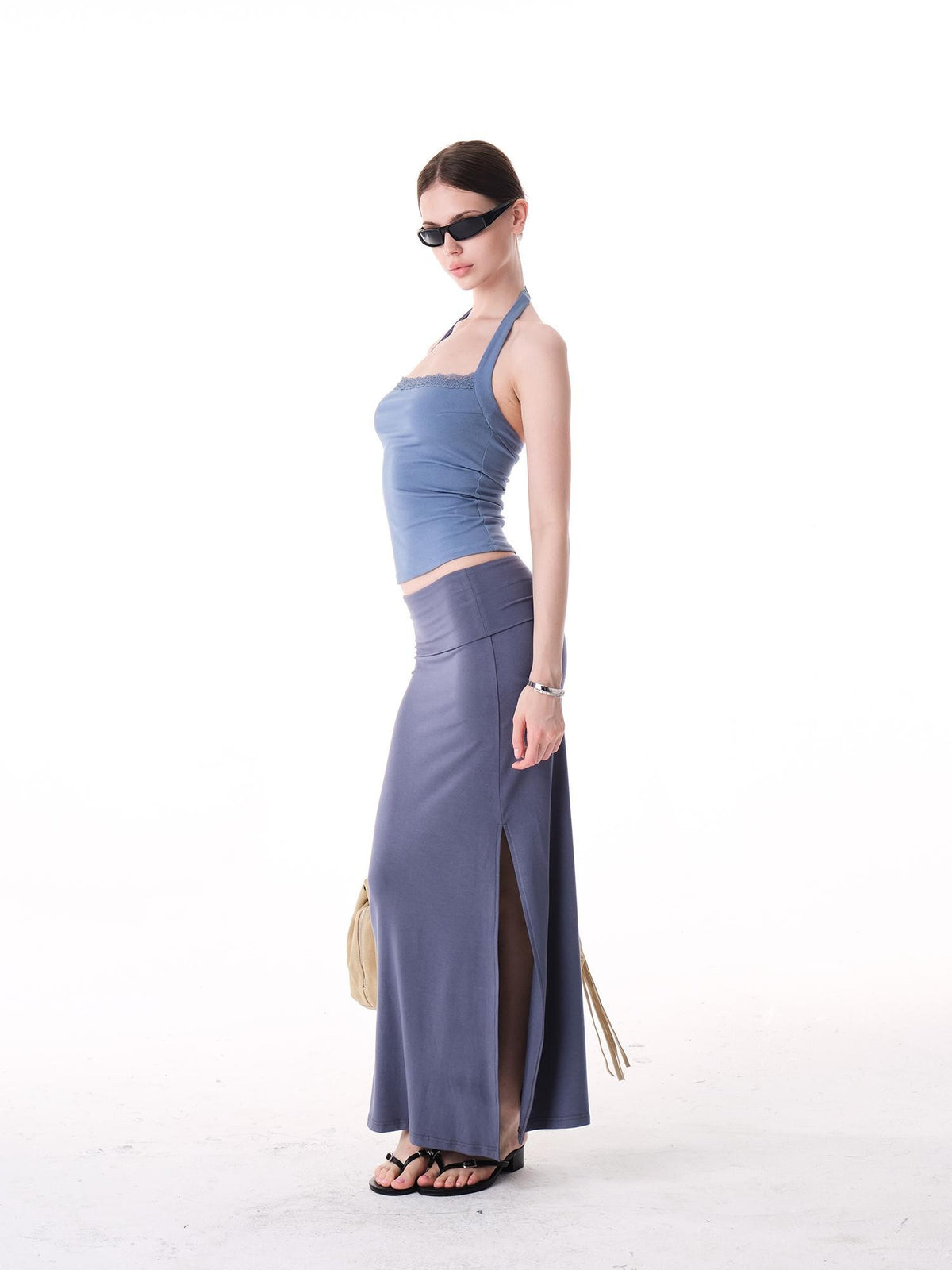 innerflow Two Tone Rolled Hem Side Slit Drapey Slim Fit Women&