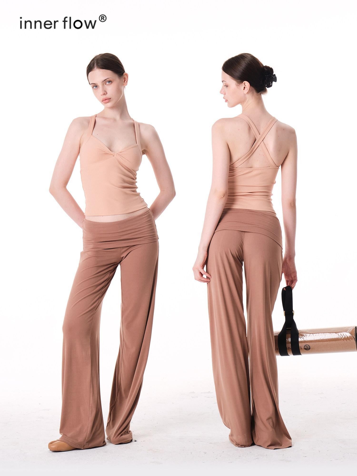 innerflow Two Tone Twist Knot Backless V-neck Ruching Slim Women&