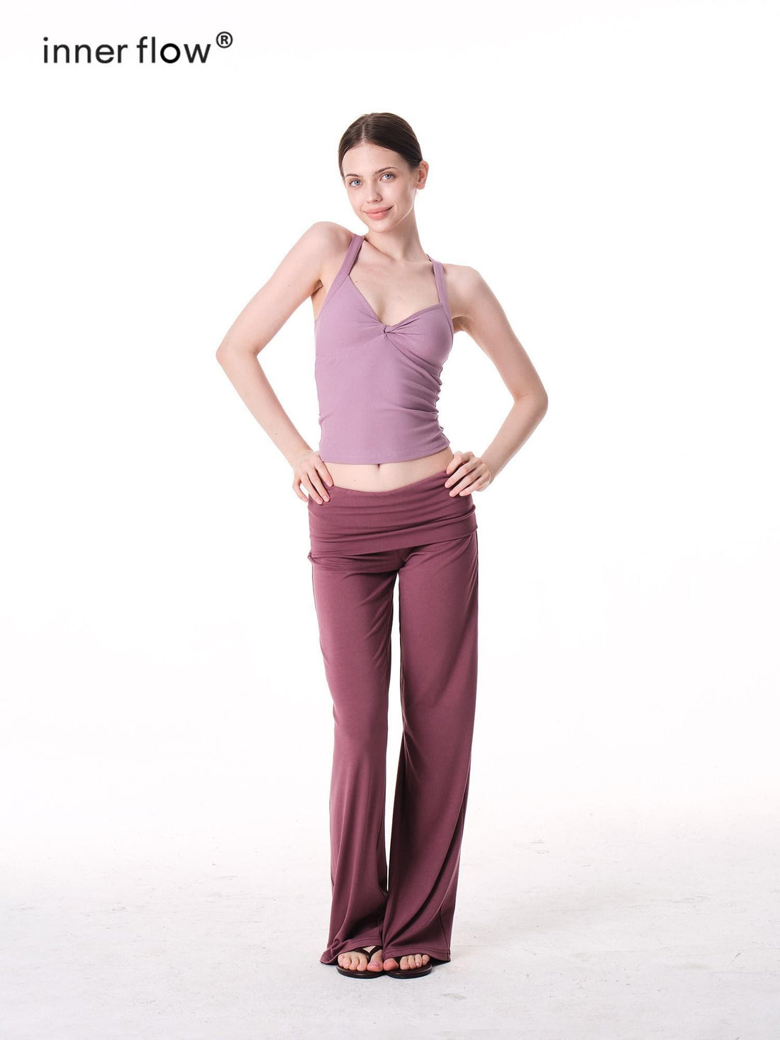 innerflow Two Tone Twist Knot Backless V-neck Ruching Slim Women&