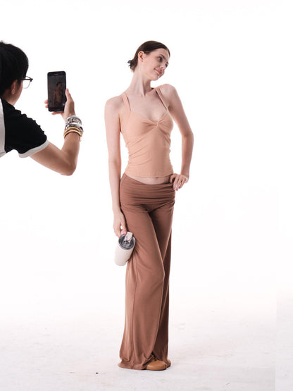 innerflow Two Tone Twist Knot Backless V-neck Ruching Slim Women&