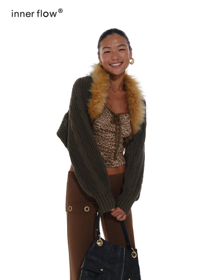 innerflow Vintage Coffee Green Leopard Print Fur Collar Women&