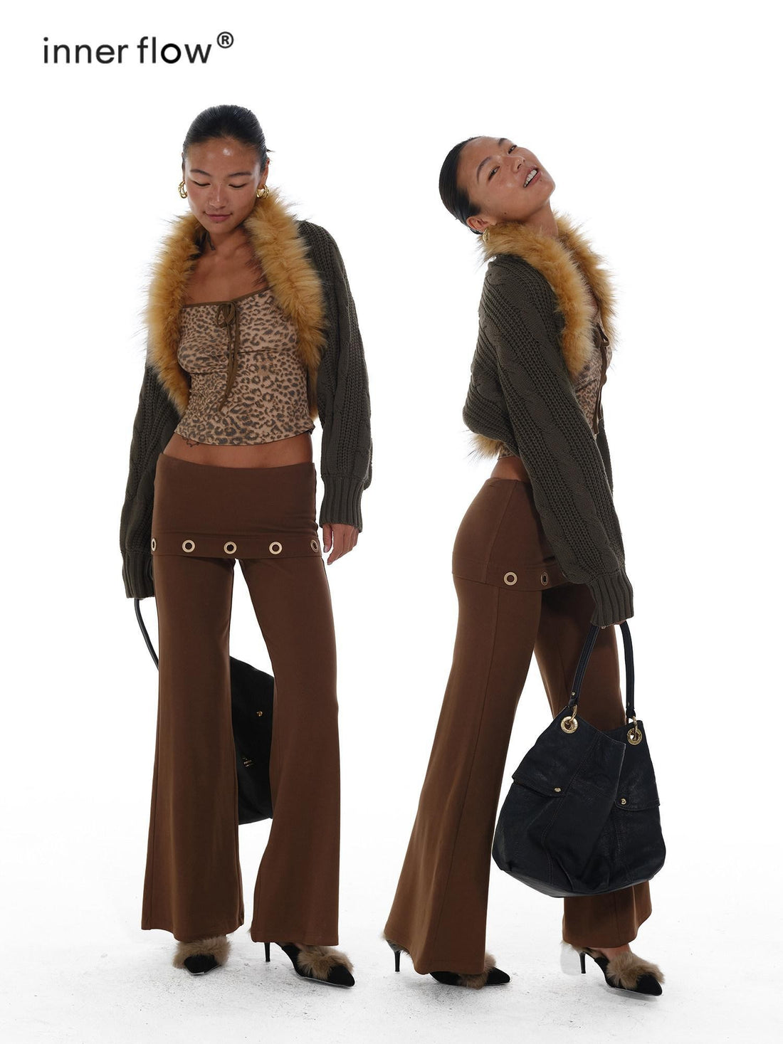 innerflow Vintage Coffee Green Leopard Print Fur Collar Women&
