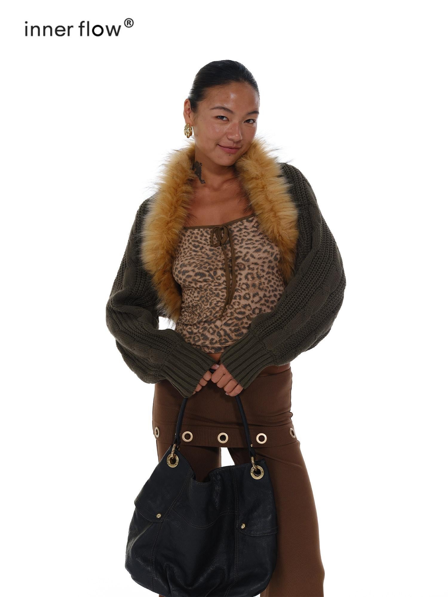 innerflow Vintage Coffee Green Leopard Print Fur Collar Women&