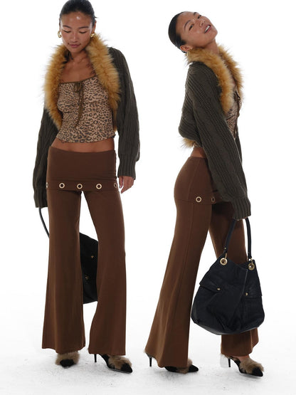 innerflow Vintage Coffee Green Leopard Print Fur Collar Women&