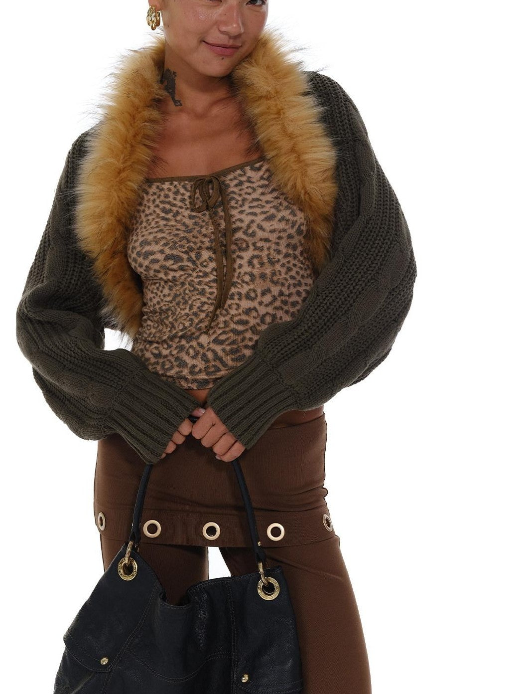 innerflow Vintage Coffee Green Leopard Print Fur Collar Women&