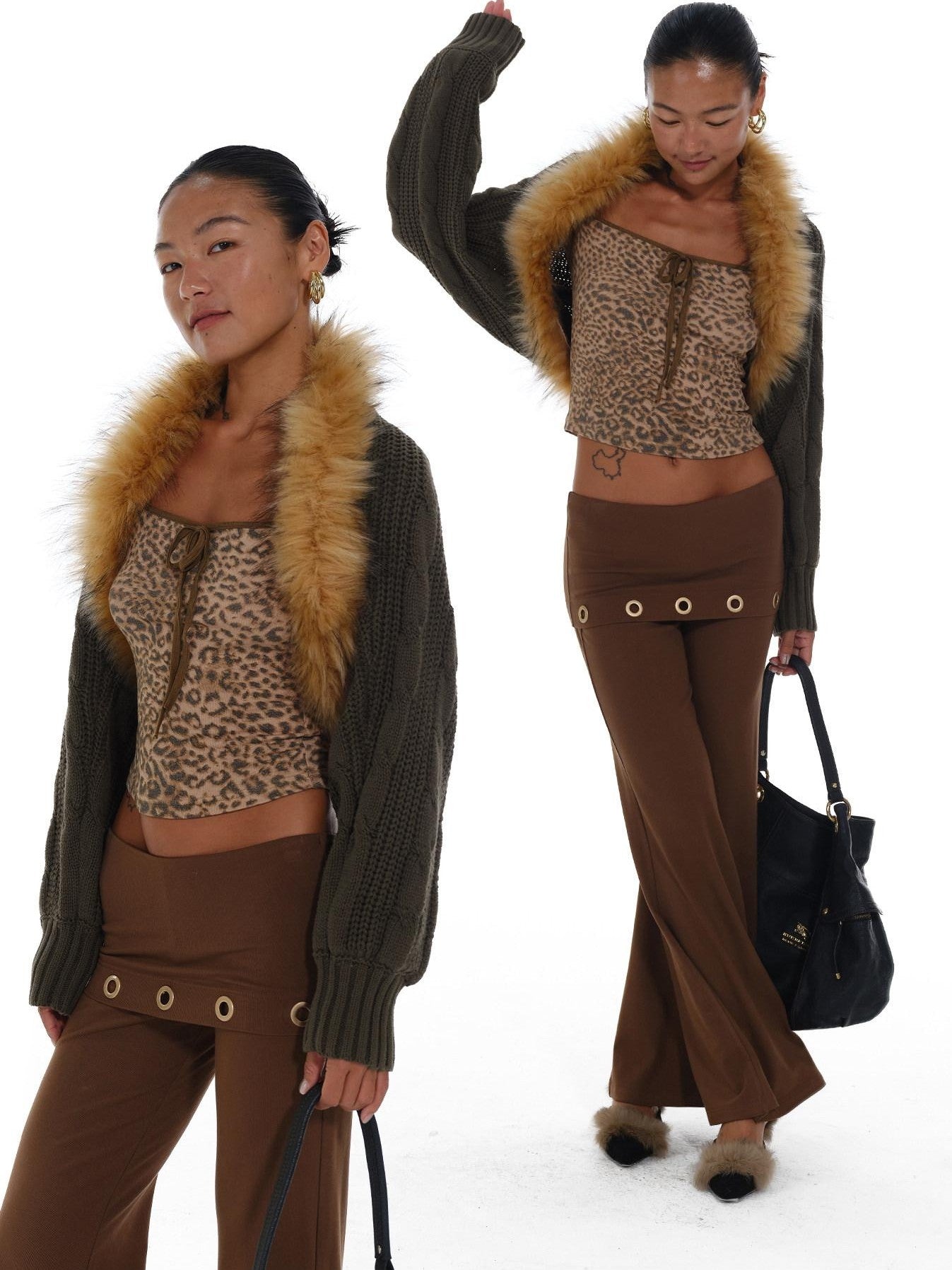 innerflow Vintage Coffee Green Leopard Print Fur Collar Women&