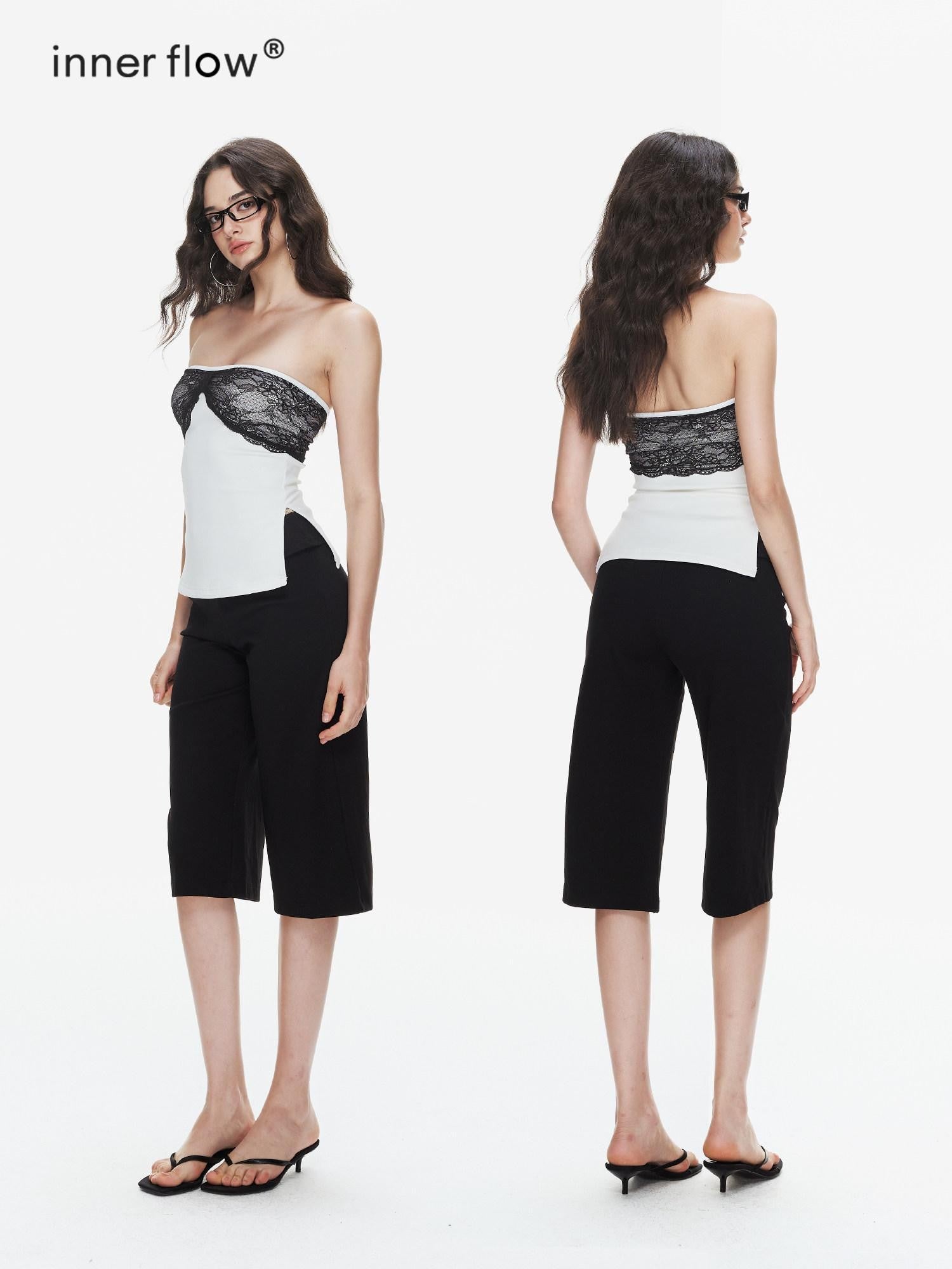 innerflow White One Shoulder Lace Spliced Bandeau Women&