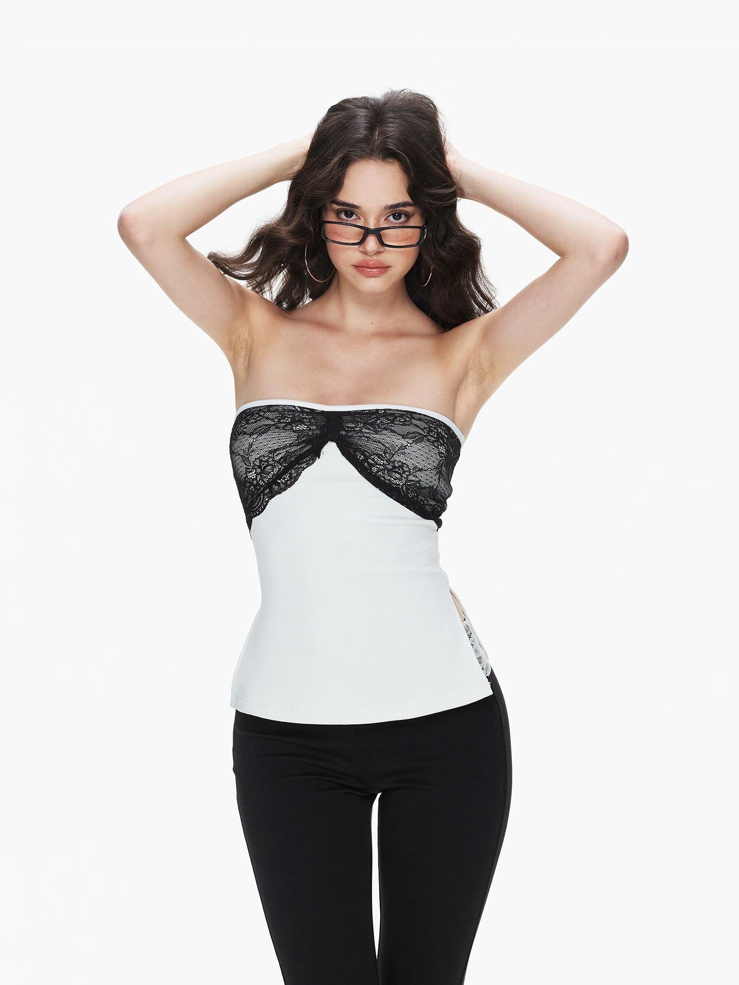 innerflow White One Shoulder Lace Spliced Bandeau Women&