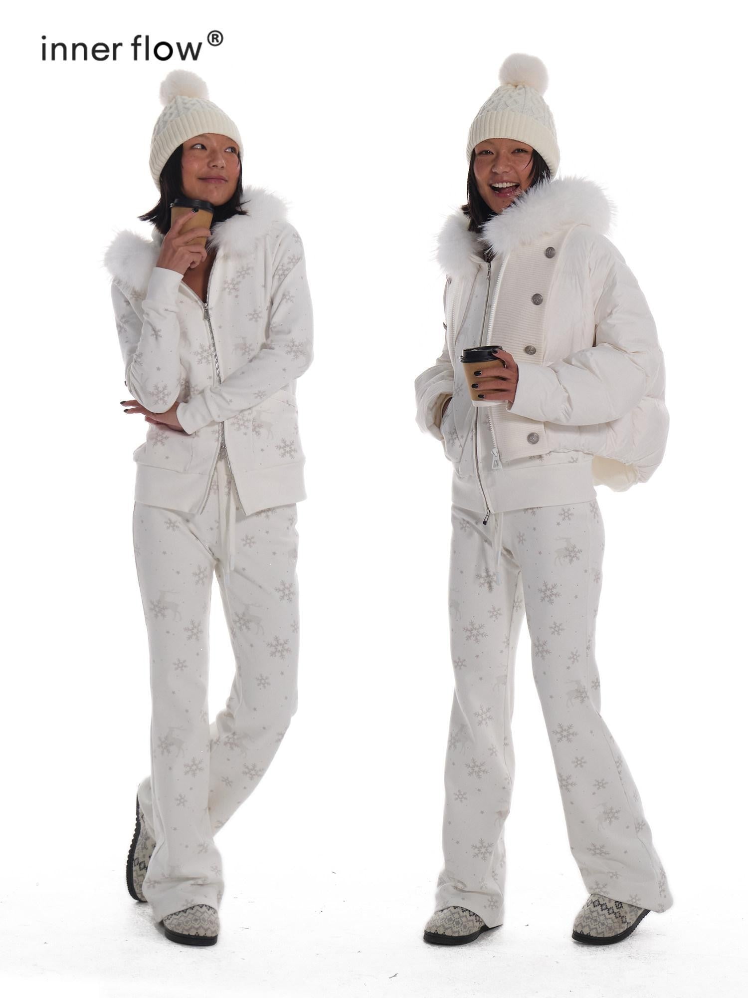 innerflow White Rhinestone Printed Fuzzy Hooded Women&