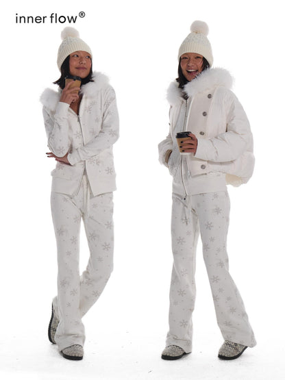 innerflow White Rhinestone Printed Fuzzy Hooded Women&