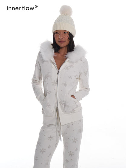 innerflow White Rhinestone Printed Fuzzy Hooded Women&