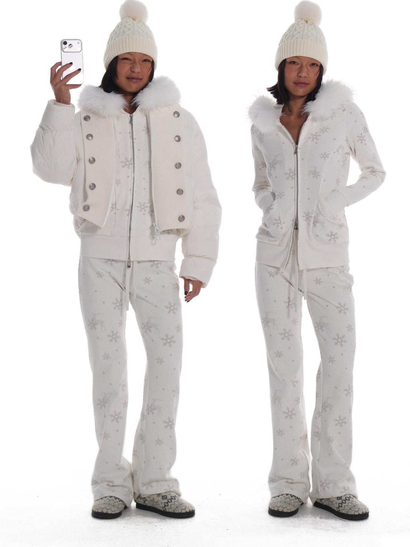 innerflow White Rhinestone Printed Fuzzy Hooded Women&
