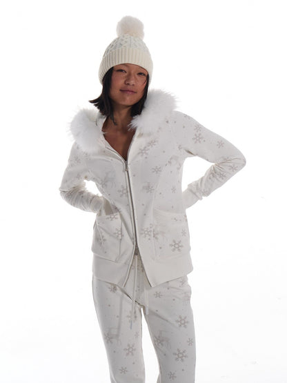 innerflow White Rhinestone Printed Fuzzy Hooded Women&