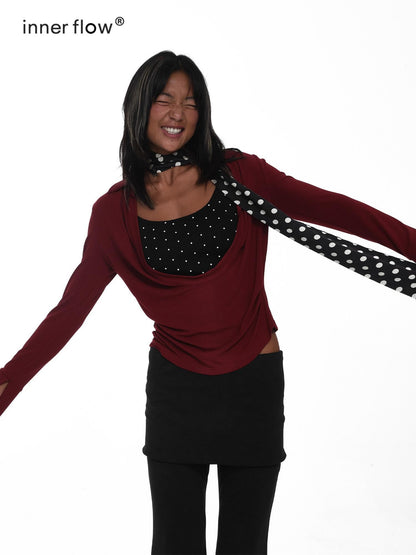 innerflow Wine Red Polka Dot Two Piece Halter Ribbon Women&