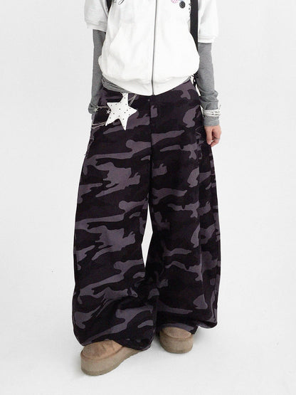 innomoood 100% Cotton Loose Curved Leg Patch Detail Unisex Mist Purple Camo Pants