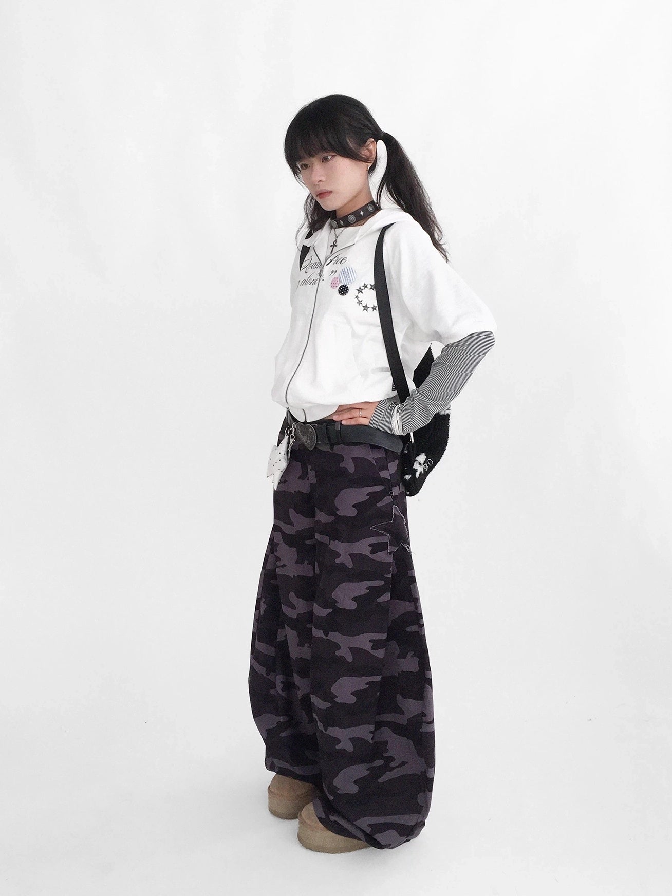innomoood 100% Cotton Loose Curved Leg Patch Detail Unisex Mist Purple Camo Pants