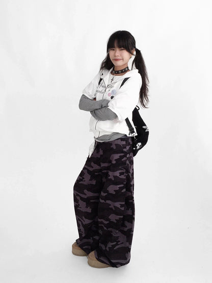 innomoood 100% Cotton Loose Curved Leg Patch Detail Unisex Mist Purple Camo Pants