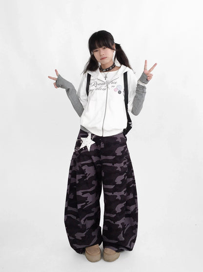 innomoood 100% Cotton Loose Curved Leg Patch Detail Unisex Mist Purple Camo Pants