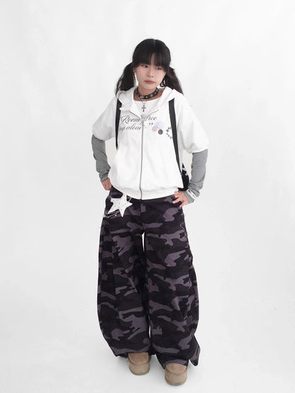 innomoood 100% Cotton Loose Curved Leg Patch Detail Unisex Mist Purple Camo Pants