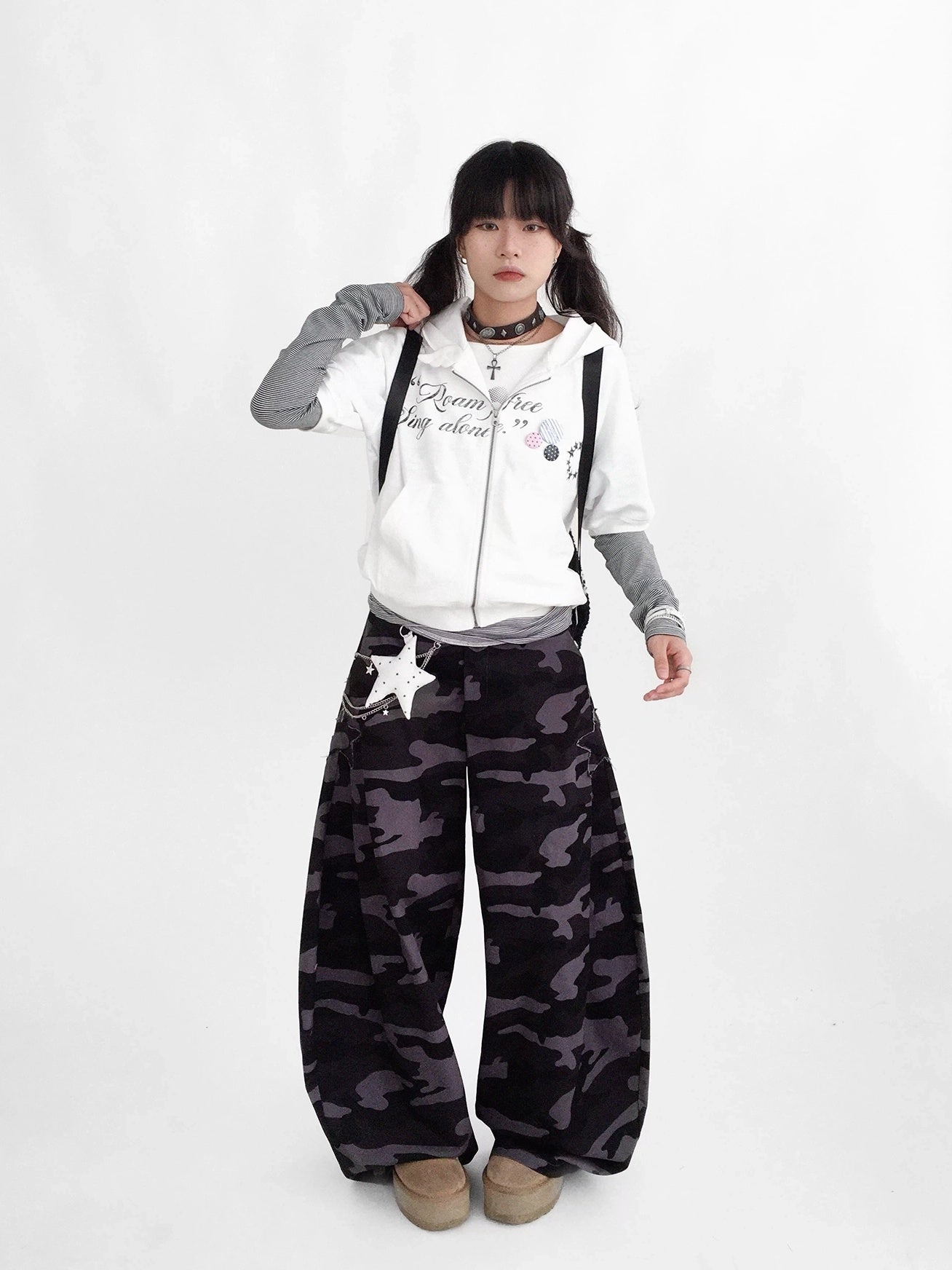 innomoood 100% Cotton Loose Curved Leg Patch Detail Unisex Mist Purple Camo Pants