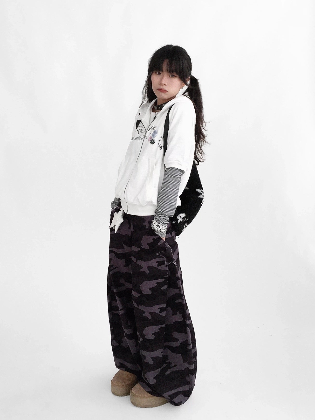 innomoood 100% Cotton Loose Curved Leg Patch Detail Unisex Mist Purple Camo Pants