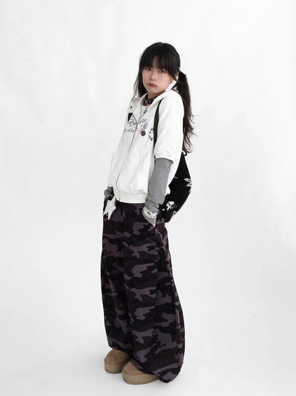innomoood 100% Cotton Loose Curved Leg Patch Detail Unisex Mist Purple Camo Pants