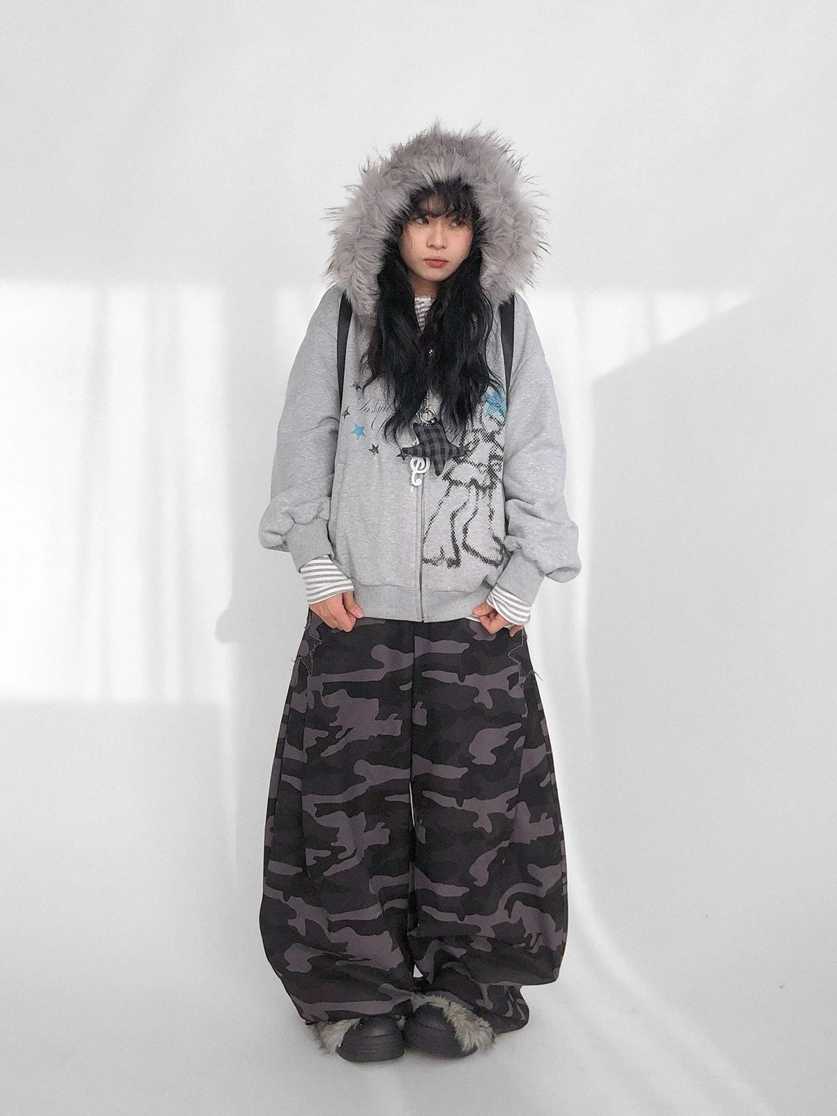 innomoood 100% Cotton Loose Curved Leg Patch Detail Unisex Mist Purple Camo Pants