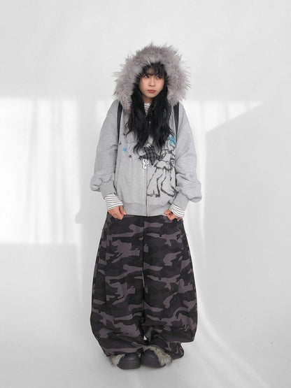 innomoood 100% Cotton Loose Curved Leg Patch Detail Unisex Mist Purple Camo Pants