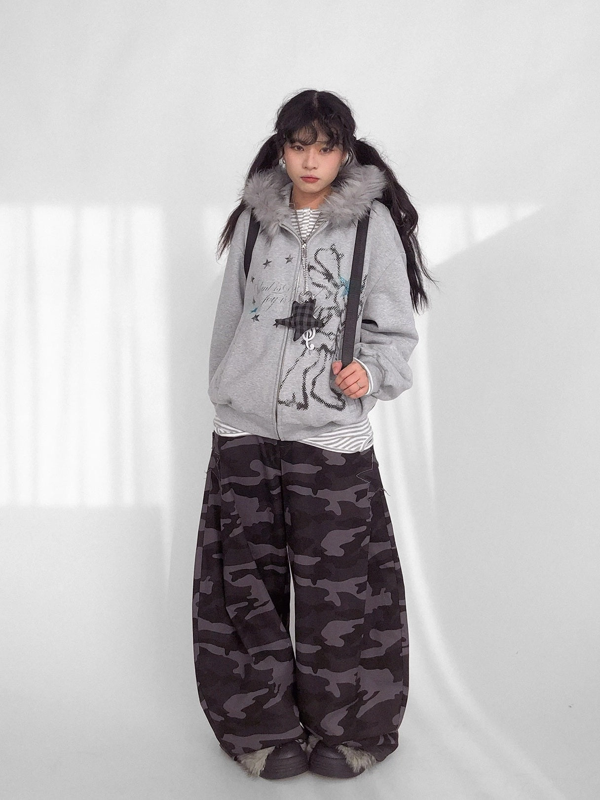 innomoood 100% Cotton Loose Curved Leg Patch Detail Unisex Mist Purple Camo Pants