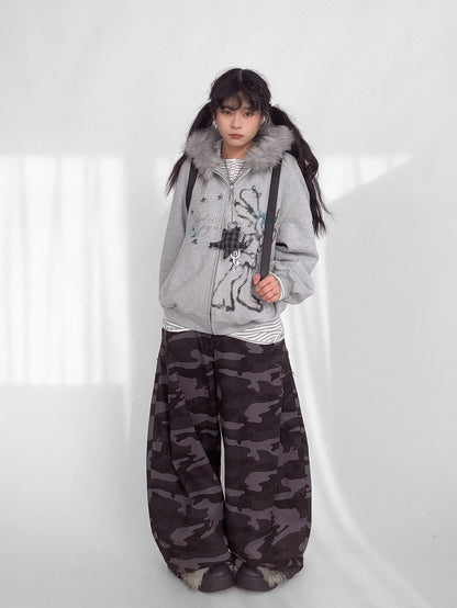 innomoood 100% Cotton Loose Curved Leg Patch Detail Unisex Mist Purple Camo Pants